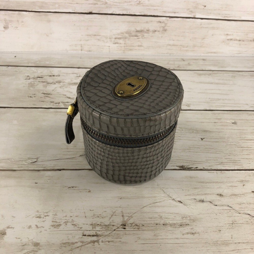 Fossil Grey Croc Embossed Leather Round Jewelry Travel Case Organizer Zip Box‎